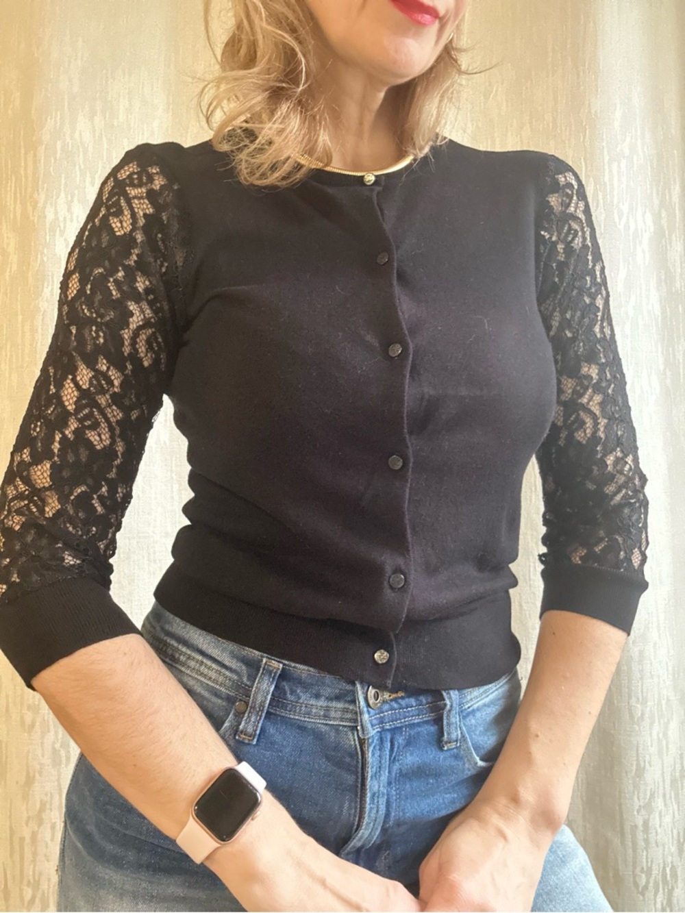 Ralph Lauren Black Lace-Sleeve Button Cardigan